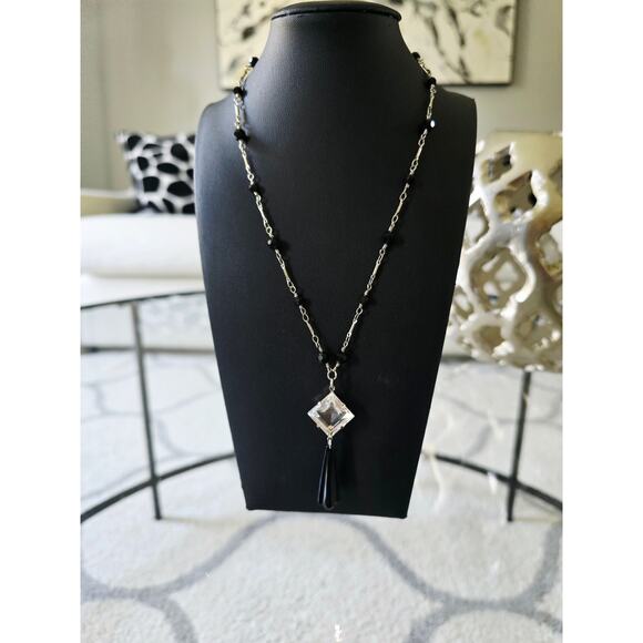 1928 Silver Black Beaded Necklace New - Picture 1 of 6